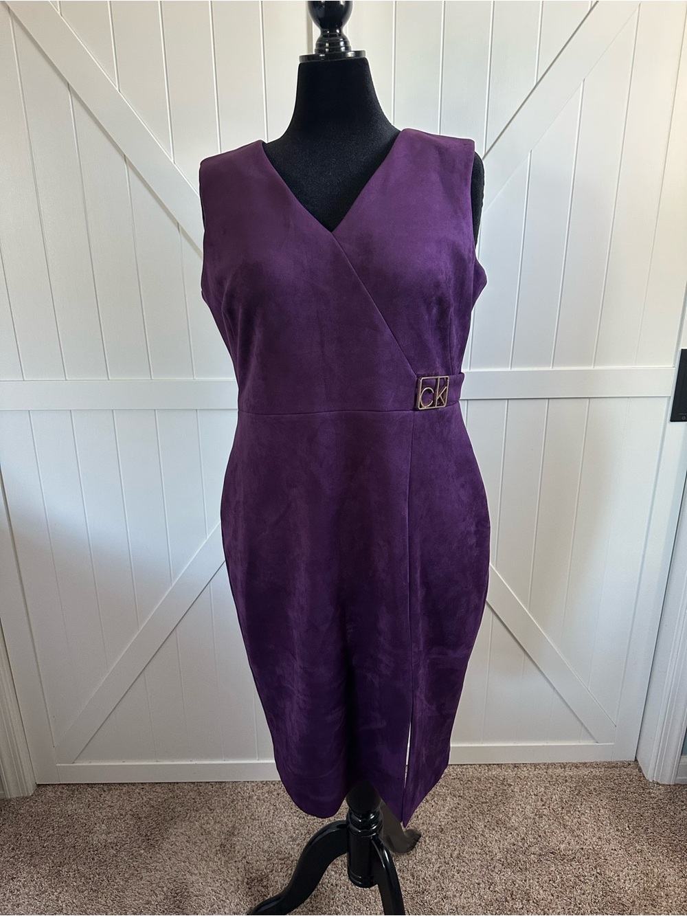 Calvin Klein Size 16 Purple Faux Suede Wrap Sheath Dress Gold Logo